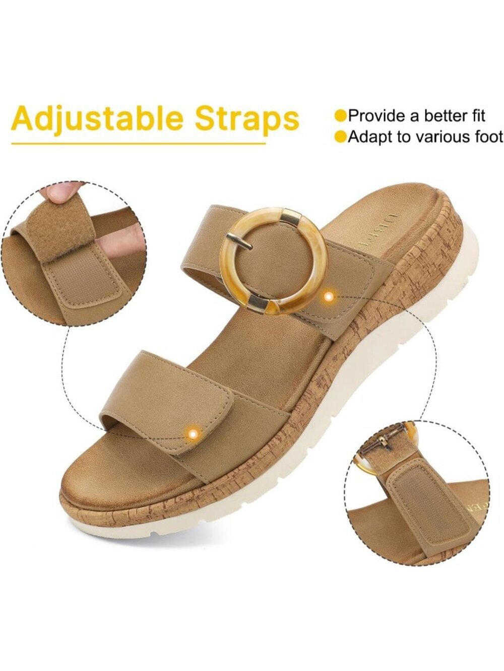 Women's Flat Sandals Slides With Arch Support Khaki Wedge Cushion Summer Shoes - Picture 4 of 6